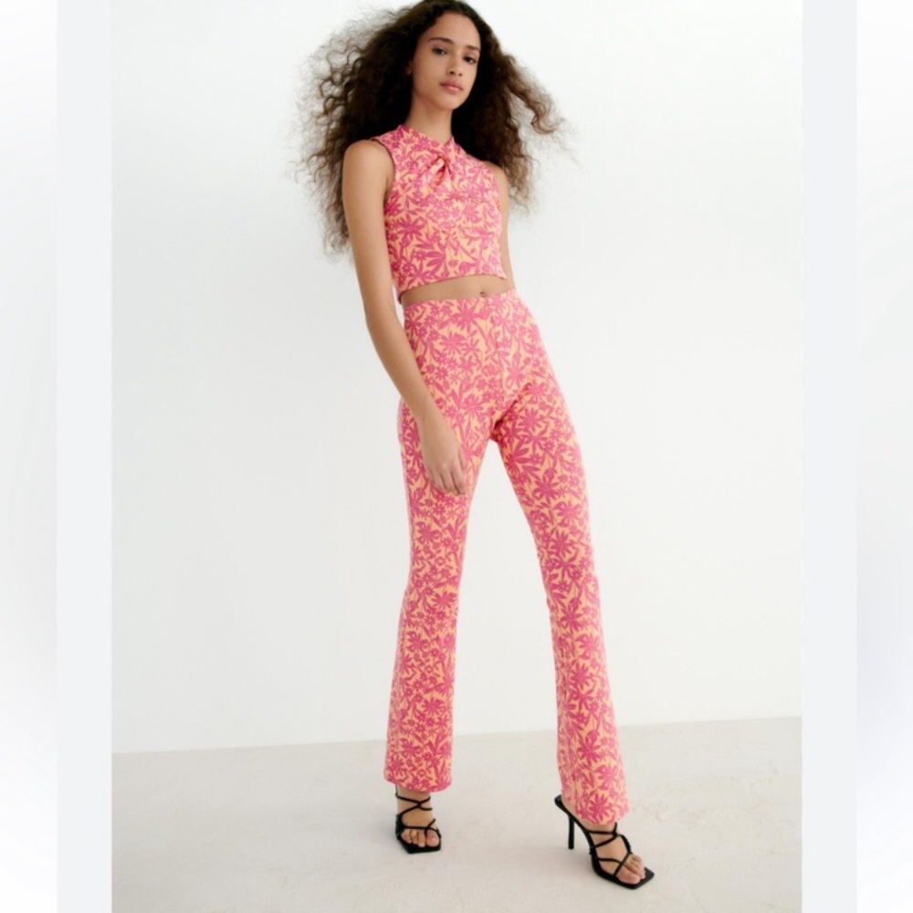 Zara floral palm tree print matching set flare pants crop top small pink orange